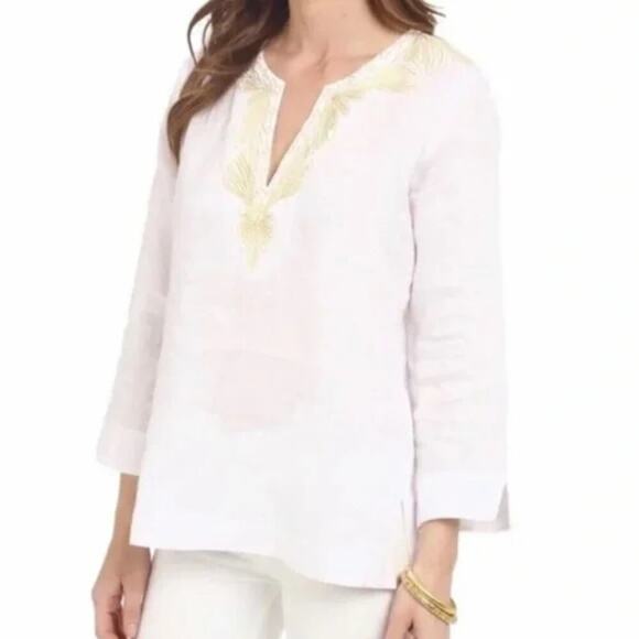 Lilly Pulitzer Amelia Island Linen Tunic White & Gold Embroidered V-Neck Top XS - Picture 1 of 6